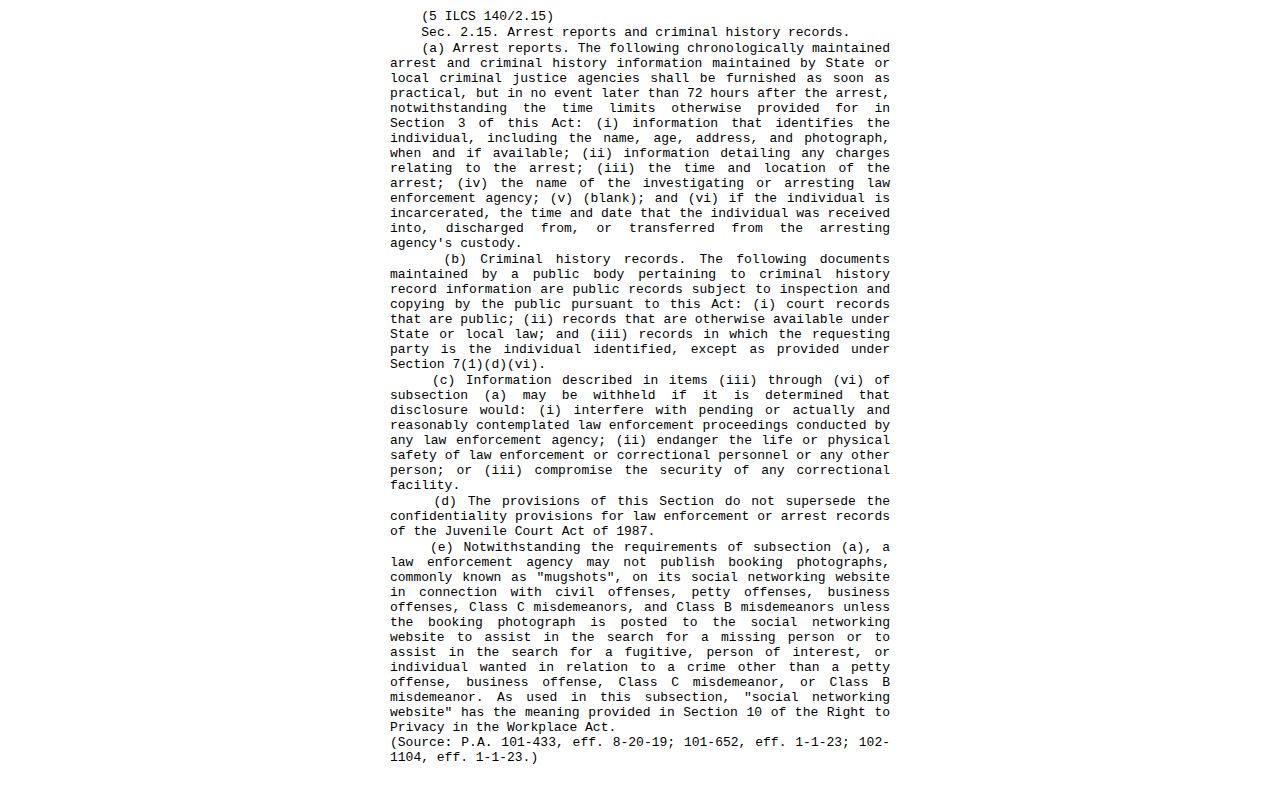 Illinois arrest-report statute covering Fulton County booking record fields