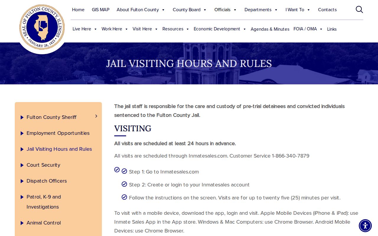 Fulton County Jail visiting page showing a jail service channel, not a booking roster