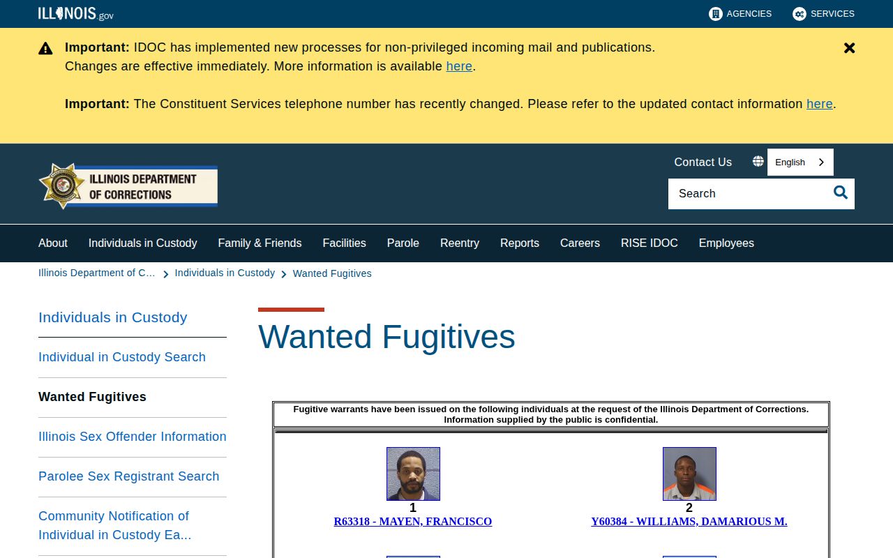 Illinois Department of Corrections statewide wanted-fugitives resource